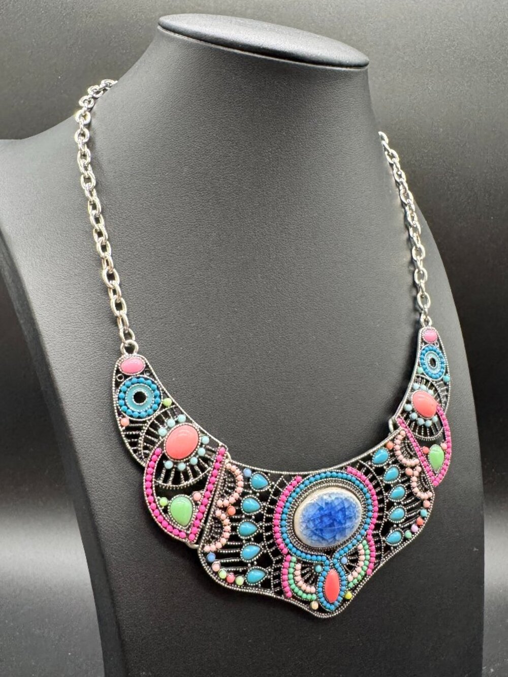 Statement Bib Necklace Boho Silver Tone Chain Pink Blue Stones Filigree